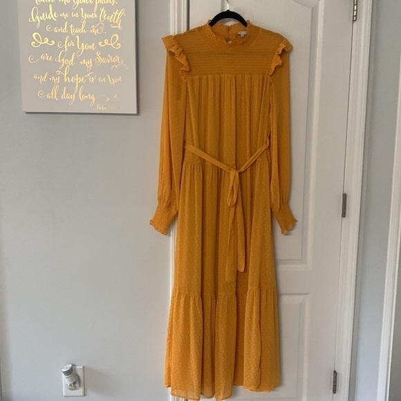 English Factory‎ Swiss Dot Smocked Maxi Dress medium mustard ruffle fall - Picture 11 of 16